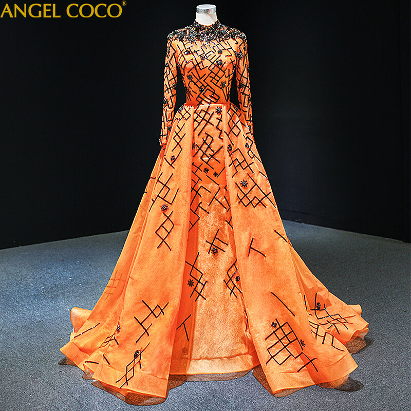 Gorgeous Orange Maternity Dresses Evening Stand Collar Full Sleeve Sequined Wedding Party Gown Formal Dress For Pregnant Women