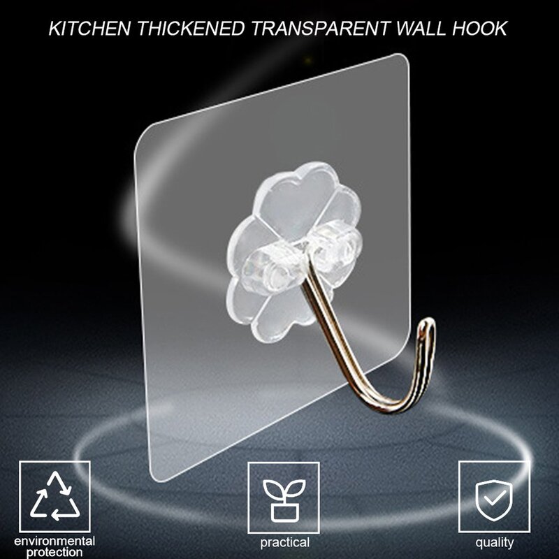 Wall Hooks Waterproof Oilproof Self Adhesive Transparent Reusable Seamless Hanging Hook for Kitchen Bathroom Office