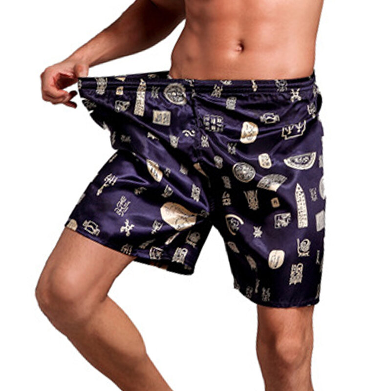 Pijama cetim de seda masculino, fundo de dormir casual, cueca curta, design estampado, calcinha masculina, shorts de cueca soltos