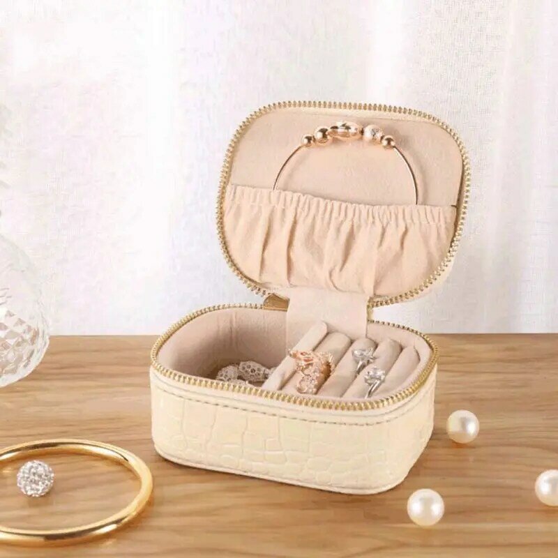 Caixa de joias de couro sintético, organizador portátil de viagem, simples, para colar, brincos, pulseira, armazenamento de estilo europeu