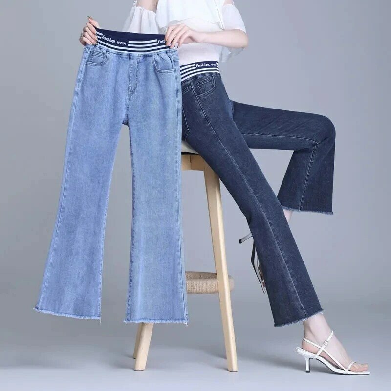 Moda Jeans svasati alla caviglia donna Patchwork vita alta Stretch Vaqueros elegante pantaloni Skinny a zampa di elefante pantaloni in Denim sottile