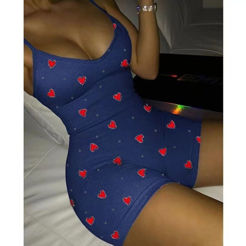 BKLD Spring Summer 2021 New Fashion Sexy V-Neck Heart Printed Spaghetti Strap Shorts Plus Size Rompers Women Sexy Outfits