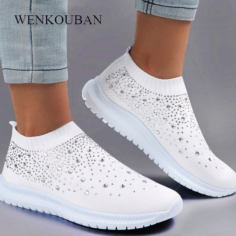 รองเท้าผ้าใบฤดูร้อนผู้หญิงถุงเท้ารองเท้าคริสตัลสีขาวรองเท้าผ้าใบแบบสบายๆบนแฟลตสุภาพสต...