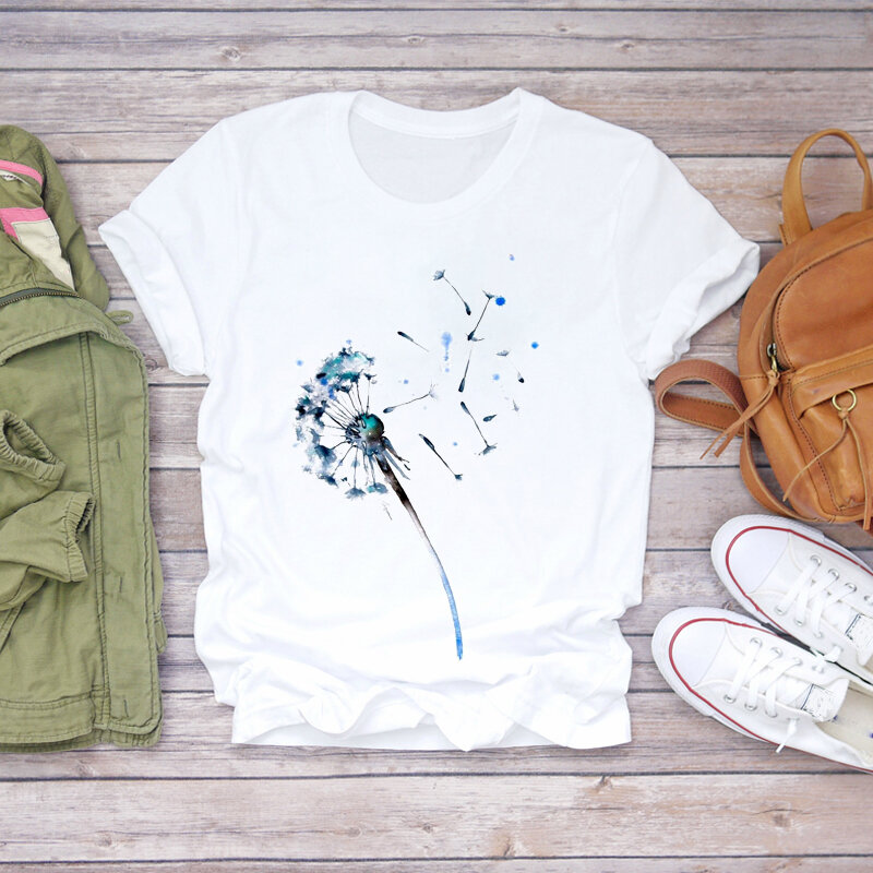 ファッショナブルな女性のタンポポのプリントTシャツ,90年代の女性の半袖Tシャツ,女性のプリントTシャツ,女性のファッション