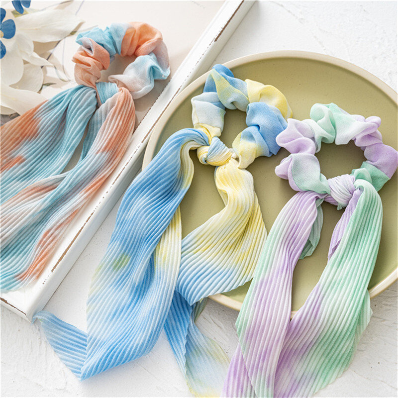 Chiffon haar sjaal voor vrouwen mode tie dye folds lange lint elastische haarband paardenstaart houder scrunchie meisje haaraccessoires