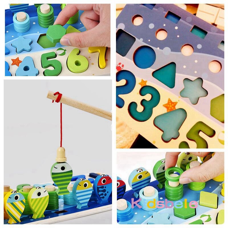 Jouets mathématiques Montessori pour les tout-petits, puzzle en bois, jouets de pêche, comptage, forme de nombre, jeux de triage assortis, jouet de société pour enfants