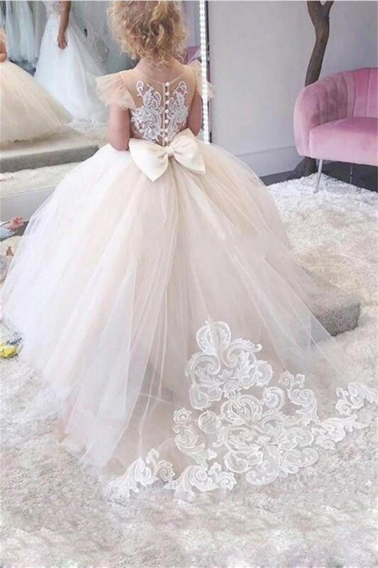 웨딩 파티 꽃의 소녀 드레스, 볼 가운, 아이 미인 대회, 큰 활 긴 소매 샴페인 아이 신부 드레스, Vestidos Novia