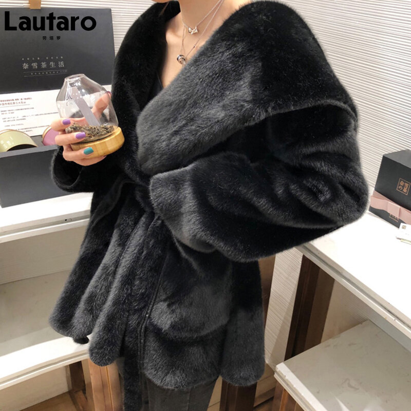 Lautaro Winter Schwarz Warme Übergroßen Faux Pelz Strickjacke Frauen Tropfen Schulter Langarm Schärpen Lose Stilvolle Koreanische Mode 2021