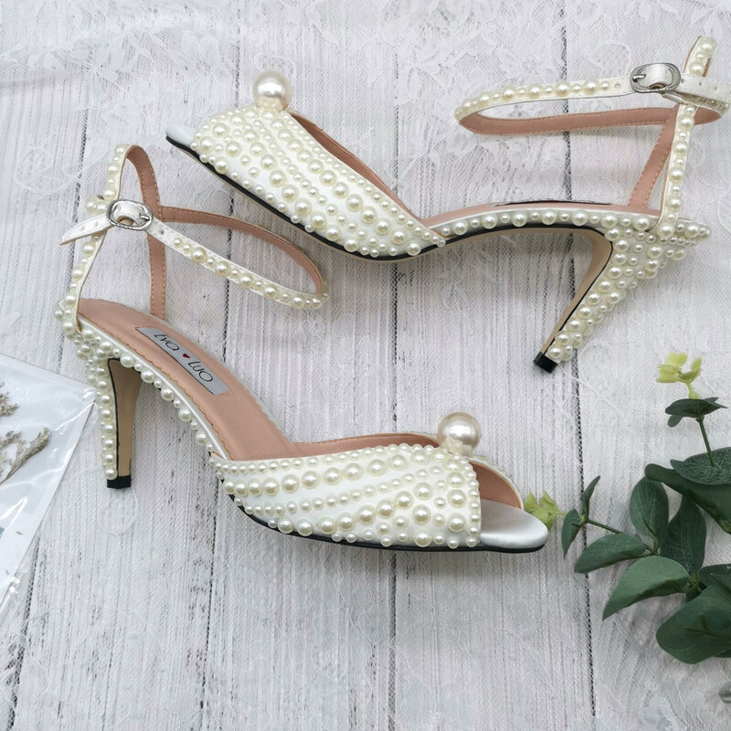 Bs1574 feito sob encomenda champanhe multicolorido pérola sapatos femininos sandálias de salto alto sapatos de casamento nupcial