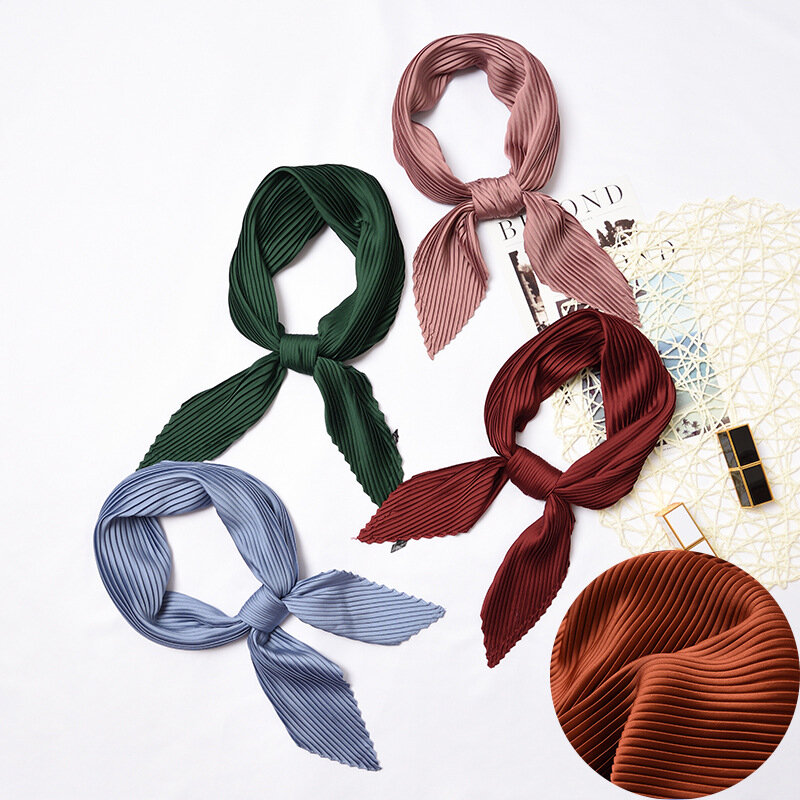 Шарф женский Шелковый, однотонный, квадратный, узкий, с лентой, шейный, небольшой, в складку, повязка на голову, атласный фуляр шарф, 2021