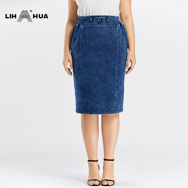 LIH HUA Women's Plus Size Denim Skirt Cotton Spring Elastic Fashion Casual Knit Skirt