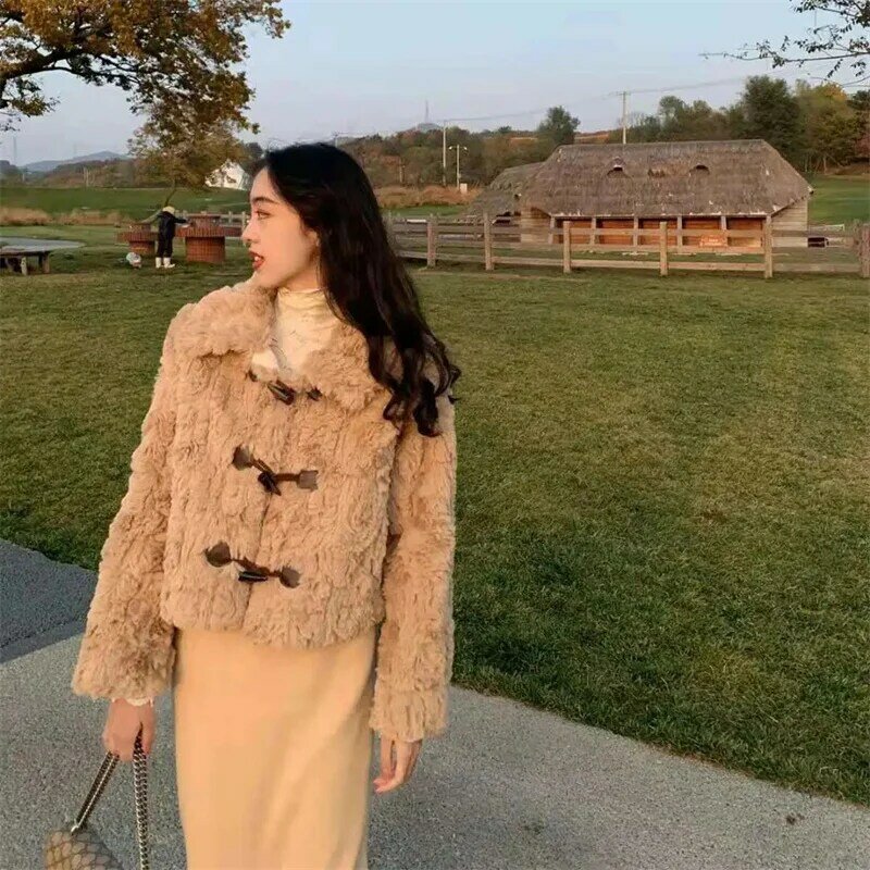 Abrigo corto de piel de conejo Rex para mujer, chaqueta Coreana de imitación, mangas largas, holgada y gruesa, A700, 2024