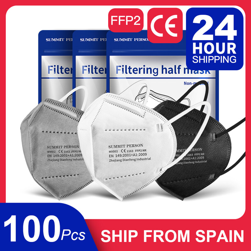 Mascarilla facial FFP2 KN95, máscara con certificado CE, color negro, gris y blanco, 100 unidades, envío desde España