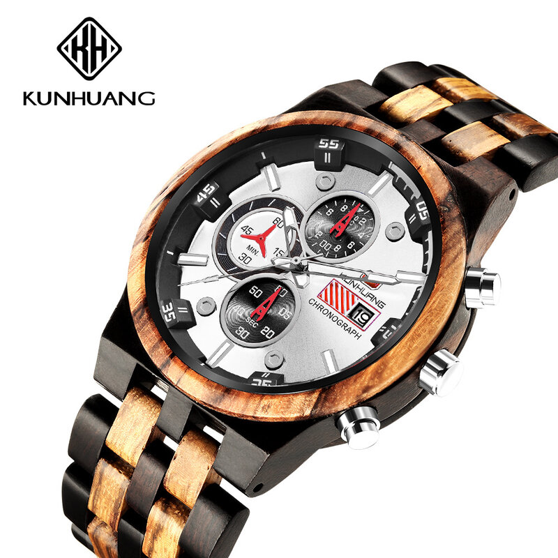 Relógio masculino de madeira, relógio de pulso multifuncional esportivo de madeira com calendário e luz noturna de quartzo