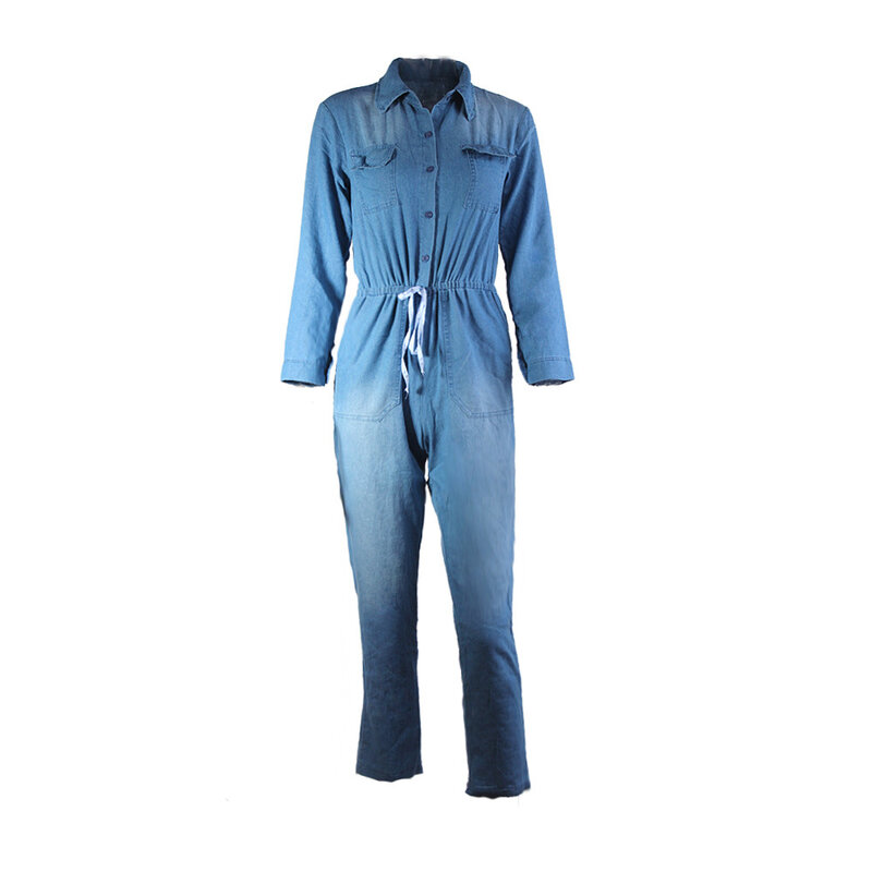 Womans Summer Denim Jumpsuit Women 2020 New Stand Collar Jeans Onesie Ladies Casual Blue Long Sleeve Romper Playsuits Overalls