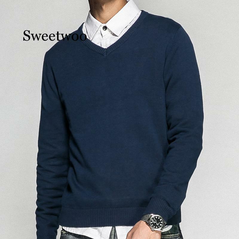Męski sweter z dekoltem w serek 100% bawełna solidny kolor sweter 2020 jesienno-zimowy nowy długi rękaw swobodny sweter M-3XL