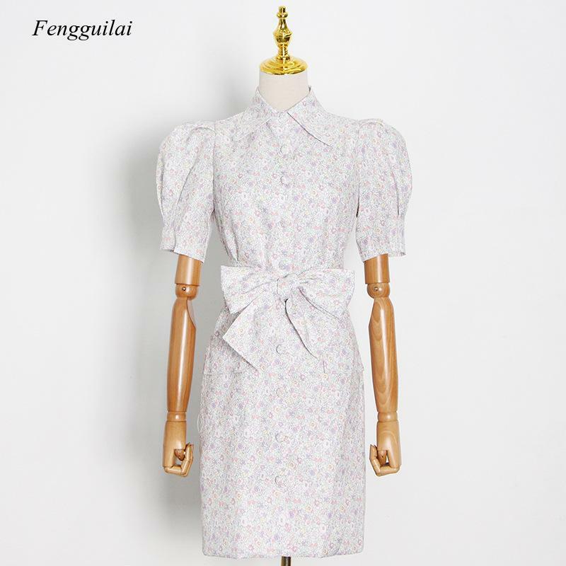 Fresh Style 2021 Spring and Summer New Fashion Lapel Closed Waist Puff Sleeve Short Buttock One Step Dress
