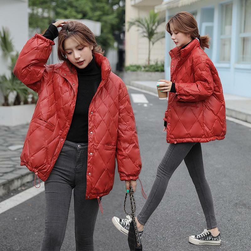 Модная зимняя красная пуховая куртка, Женская Новая повседневная свободная тонкая шикарная куртка на 90% белом утином пуху в стиле Харадзюку, уличная одежда, женские пальто