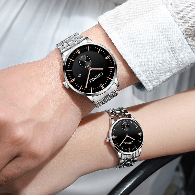 CHENXI Lover สแตนเลสสตีลนาฬิกากันน้ำวันที่นาฬิกาข้อมือผู้หญิงแฟชั่นนาฬิกาควอตซ์นาฬิกาผู้ชายนาฬิกาส่งภรรยาของขวัญ