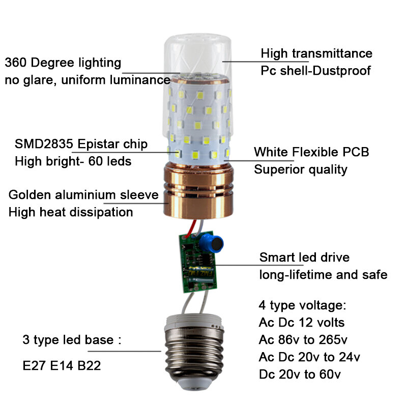 Lampe LED à économie d'énergie domestique, budgétaire de haute qualité, super bougie, épis de maïs convaincu, E14, Inda B22, 110V, 220V, 12V, 24V, 36V, 48V, 60V