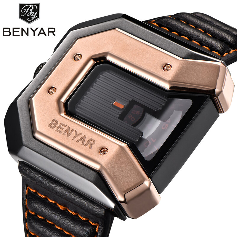 Benyar 시계 남자 럭셔리 브랜드 독특한 디자인 가죽 스트랩 패션 방수 석영 시계 시계 남성 스포츠 손목 시계 relogio