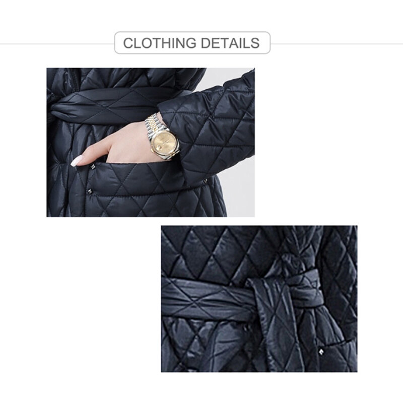 D`OCERO 2022 Women's Winter Down Jacket Fashion Long Classic Plaid Parka High Quality Outerwear Brand Padded Quilted Coat