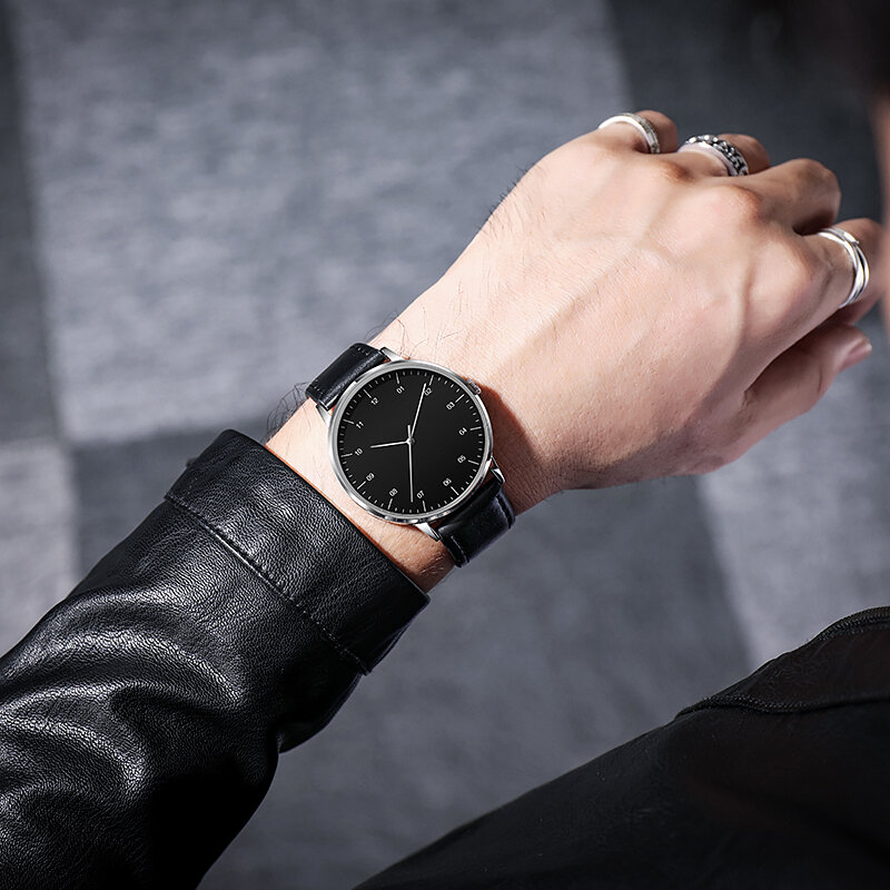 Nenhum relógio do negócio do logotipo, Movimento Japão, pulseira de couro PU, moldura fina, design simples, minimalismo