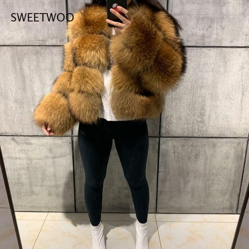 Veste d'hiver en fausse fourrure de raton laveur pour femme, manteau marron, épais et chaud, vêtement d'extérieur à la mode, 2021