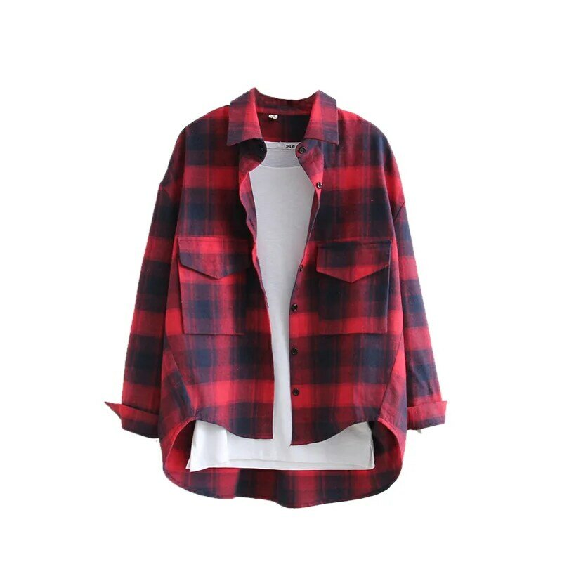 Camisa de manga larga a cuadros para mujer, blusa informal holgada de viento BF, alta calidad, primavera y otoño