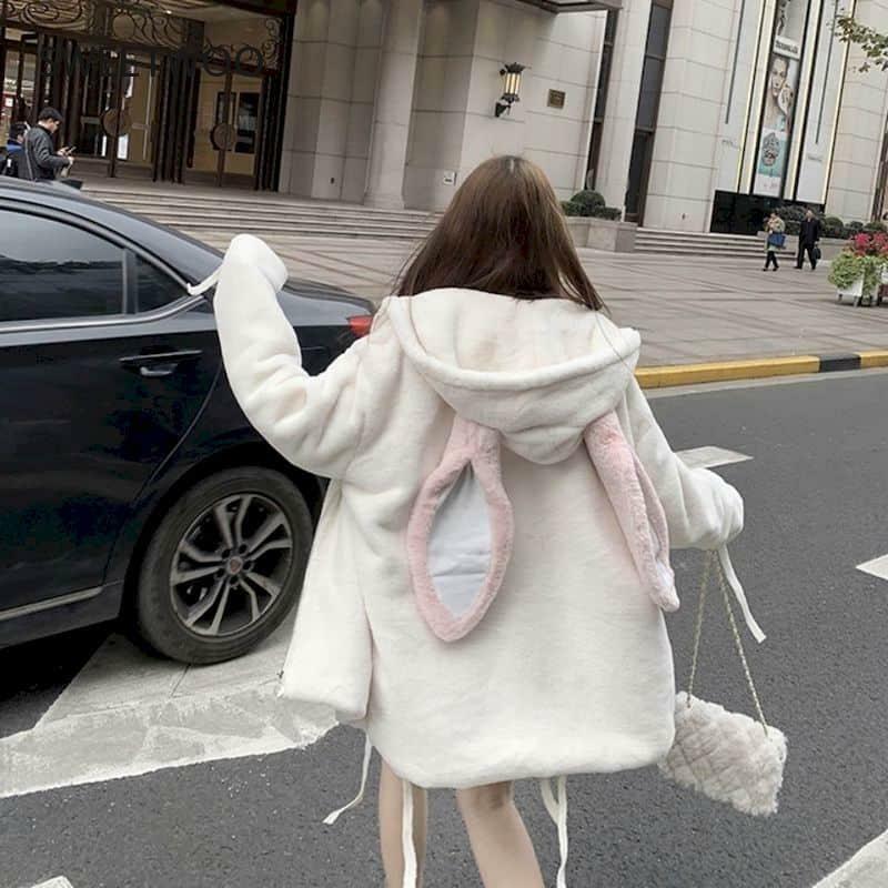 ฤดูใบไม้ร่วงฤดูหนาว Gothic Harajuku คู่ Hoodies น่ารักกระต่ายหูสีดำ Hooded Outwear ผู้หญิงเกาหลีหลวม Warm Plush Coats