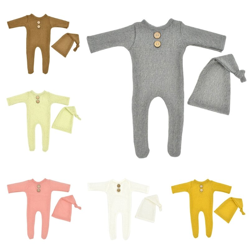 Mohair conjunto de macacão de bebê com chapéu, 2 peças, adereços para fotografia recém-nascidas, body de lã de malha, boné de cauda longa, kit de fotos infantis, roupa de tiro