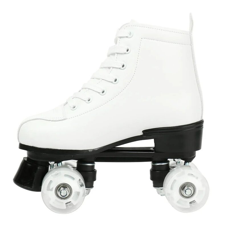 Patines de ruedas de cuero PU para mujer, zapatos de patinaje deslizantes en línea, zapatillas de entrenamiento, talla europea, 4 ruedas, Flash Wheel, color blanco