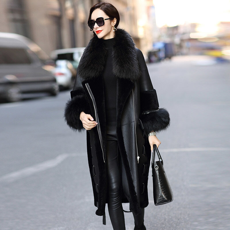 Casaco de couro verdadeiro feminino de imitação dupla face, jaqueta de inverno, mulheres, gola de pele de guaxinim, casacos de lã de luxo my4401 s