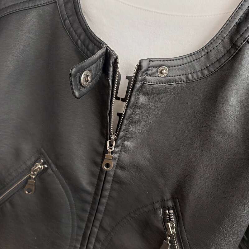 สตรีรถจักรยานยนต์แจ็คเก็ตฤดูใบไม้ร่วงผู้หญิงใหม่ Faux PU แจ็คเก็ตหนัง Casual Vintage สีดำ Biker Zipper Jacket Plus ขนาด