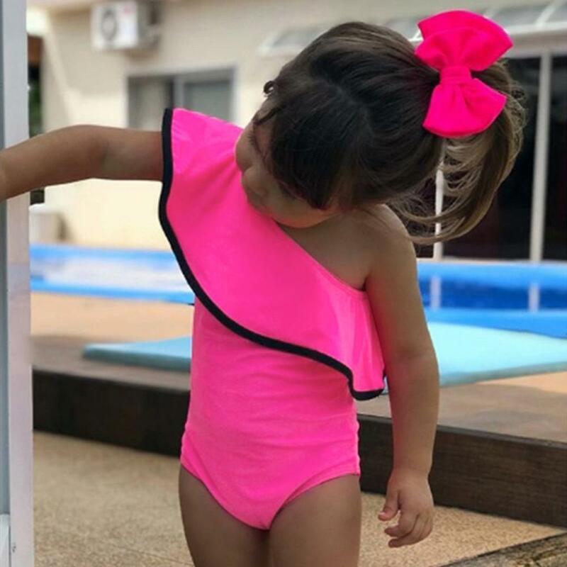 Baby Girl Swimsuit Ruffled Solid Color Crossbody Swimsuit Jumpsuit Swimwear Bathing Suit Girls One Piece Children Swimsuits XY2