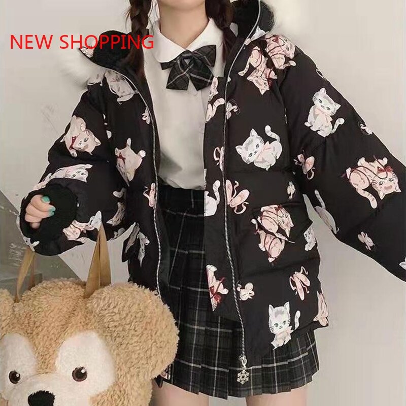 Japonês doce kawaii algodão casaco feminino inverno mais veludo espessamento para baixo jaqueta menina estudante de neve usar outerwear parkas preto