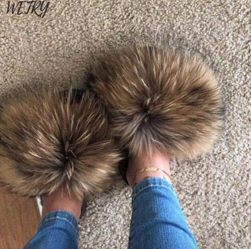 Women Fox Fur Slippers Real Fox Fur Slides Lovely Plush Slippers Woman Summer Home Sandals Women Fur Slides Furry Flip Flops Hot