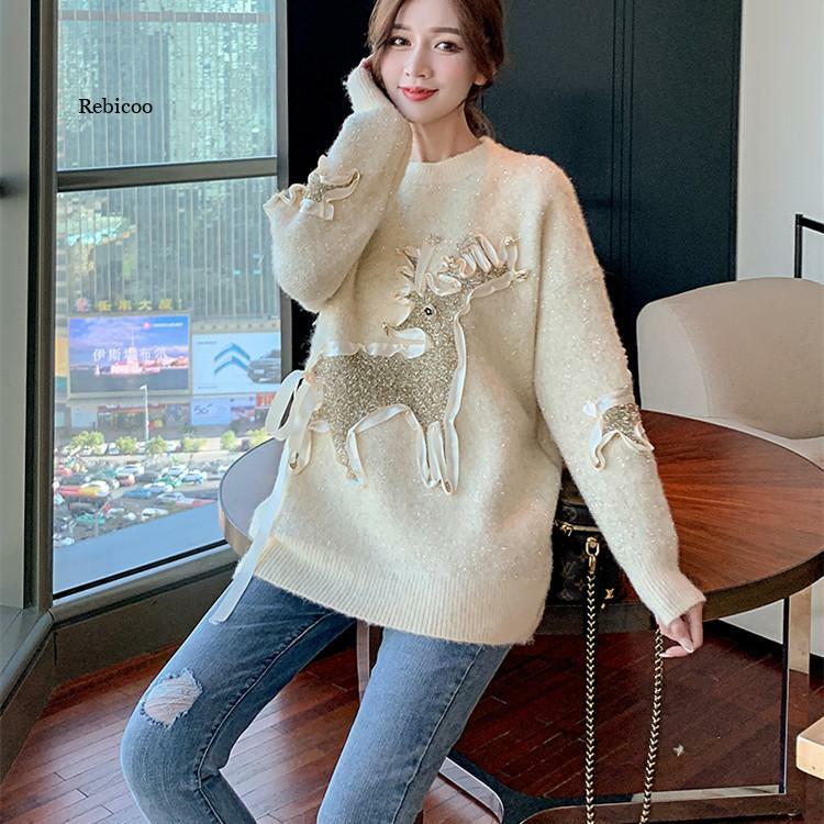 Natal Desain Sutra Cerah Rusa Wanita Sweter Malas Longgar Atasan Leher Bulat 2021 Musim Dingin Baru Korea Wanita Sweater Rajut Pullover