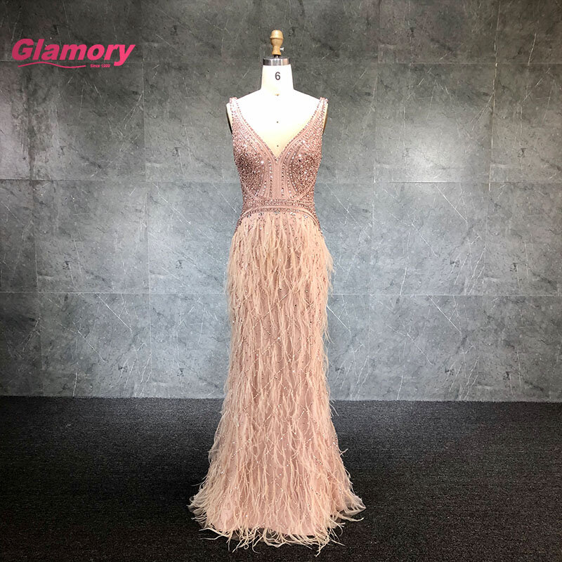 2020 새로운 디자인 핑크 구슬 인어 이브닝 가운 섹시한 V 넥 민소매 Feater 댄스 파티 드레스, V 넥 이브닝 가운