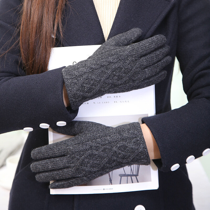 Luvas femininas de tela de toque, luvas de tricô de lã com aquecimento, moda elegante para inverno, luvas grossas com veludo dentro