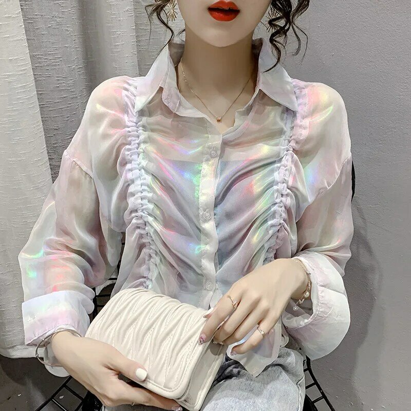 Summer Sunscreen Shirt Colorful Chiffon Shirt Long Sleeve Bright Color Loose Sunscreen Women Blouses Reflective Solid Color Top