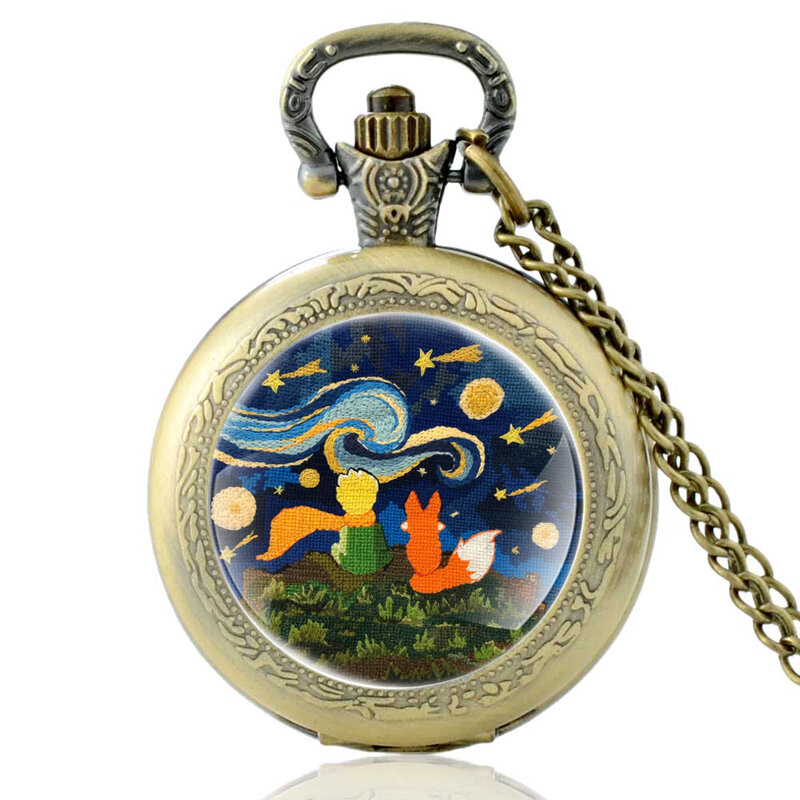 Маленький принц и лиса, стеклянный кабошон, кварцевые карманные часы, винтажные мужские и женские часы с кулоном и ожерельем, подарки