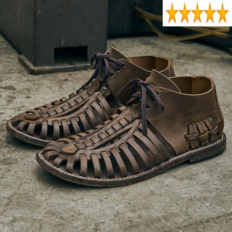 Luxury Italian Brand Vintage Mens Cow Genuine Leather Handmade Hollow Out High Top Gladiator Close Toe Lace Up Sandals