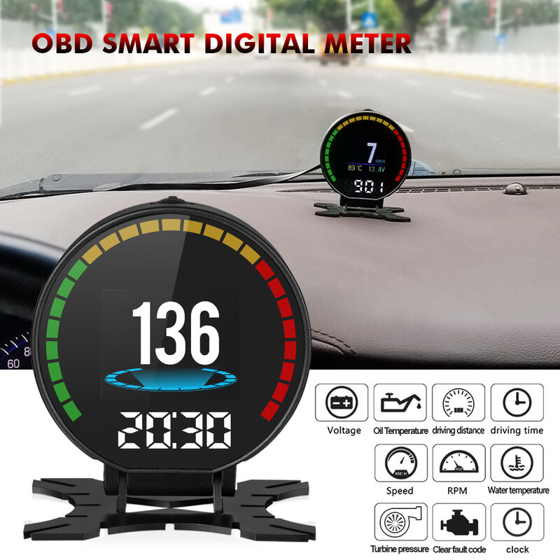 P15 HD TFT 2.84 Inci Speedometer OBD2 Head Up Tekanan Ban Alarm Pengukur Suhu Air Minyak Pembaca Kode OBD Kecepatan Tampilan Hud