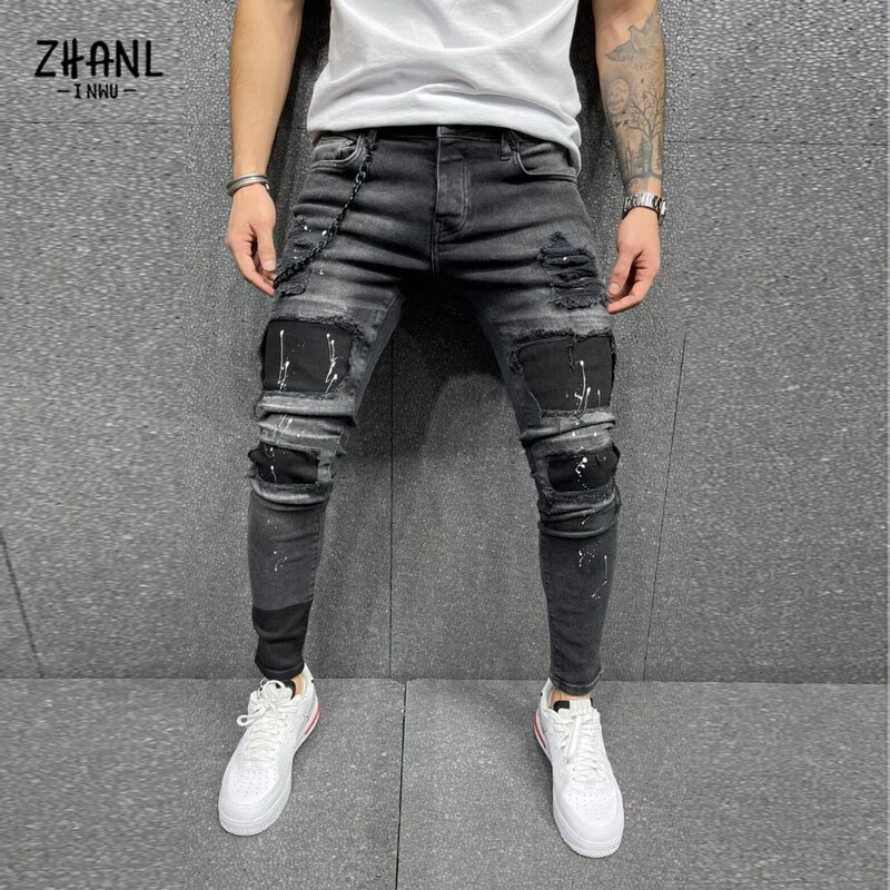 Wiosna jesień męskie porwane jeansy męski Patchwork wysokiej jakości czarne spodnie dorywczo żebrak wersja Biker Slim Fit Hip Hop jean homme
