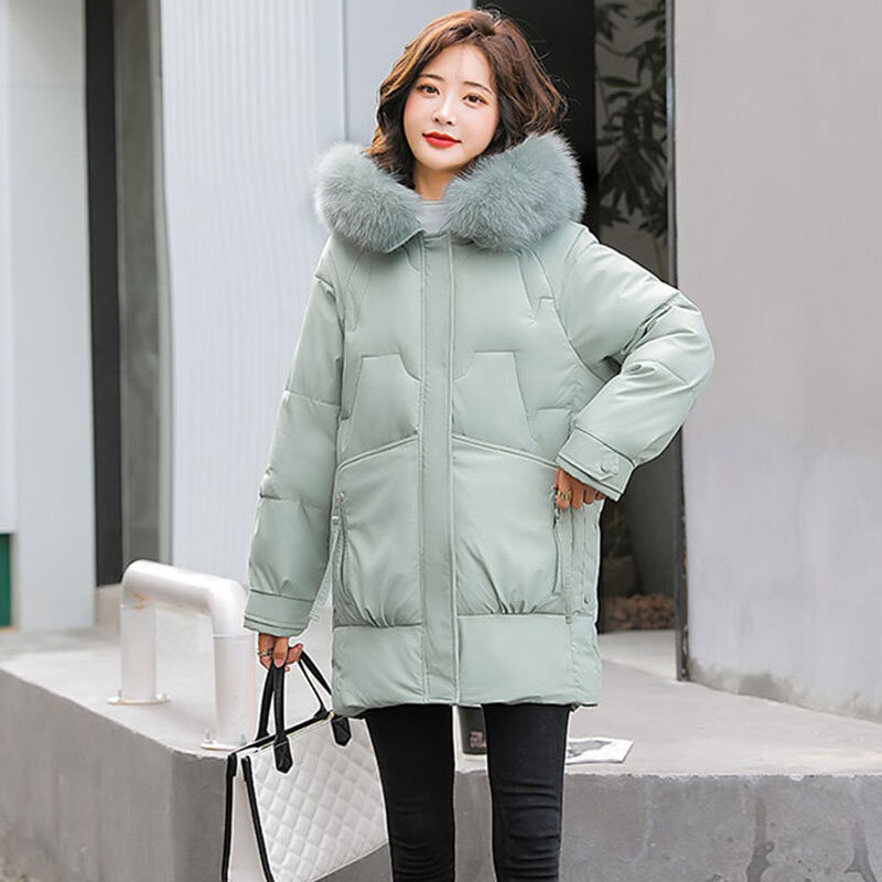 New 2021 Down Cotton Women's Coat Loose Mid-length Autumn And Winter Bread Service Hooded Big Fur Collar Female Fashion Jacket
