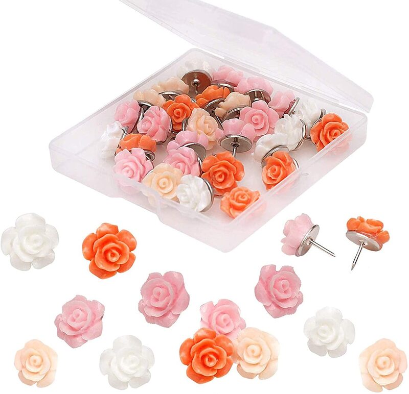 MOGII-chinchetas de flores rosas decorativas, suministros escolares de oficina, alfileres de flores para fotos, tablero de corcho de pared, 30 piezas