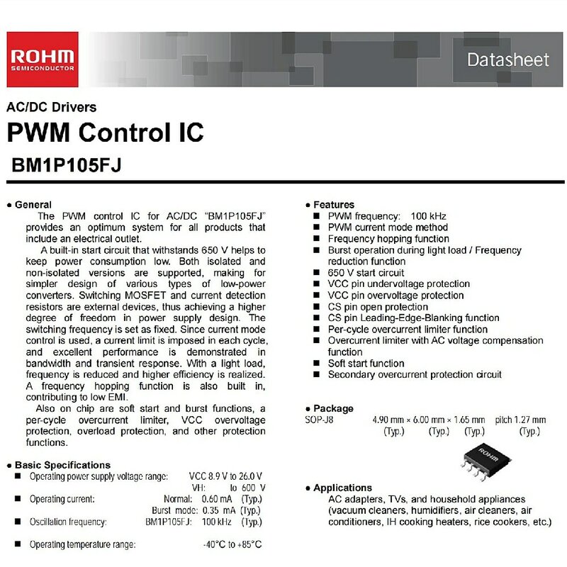 (100 piezas) BM1P105FJ-E2 BM1P105FJ SOP-8 controladores AC/DC PWM Control IC BM1P105 1P105 SOP8