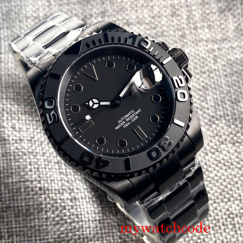 Miyota-reloj de pulsera automático para hombre, pulsera con esfera estéril negra, bisel giratorio de cristal de zafiro, manecillas Merc, PVD negro, 40mm, NH35A, PT5000