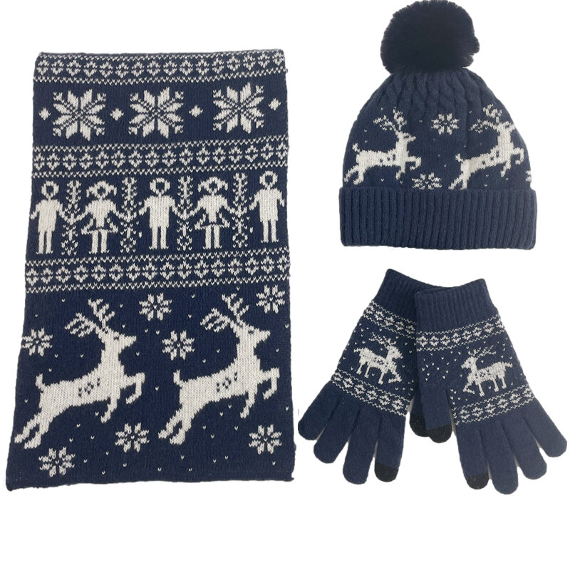 3 Pcs Hat Scarf Glove Winter Christmas Warmer Scarves Knitted Beanies Elk Pattern Scarf Women Men Thicken Soft Scarf Sets Unisex